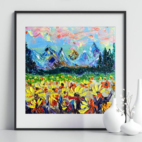 Sunflower Colorado Rocky Mountains Sunset 12x12” Original impasto 3d Oil Paintin - Picture 8 of 12